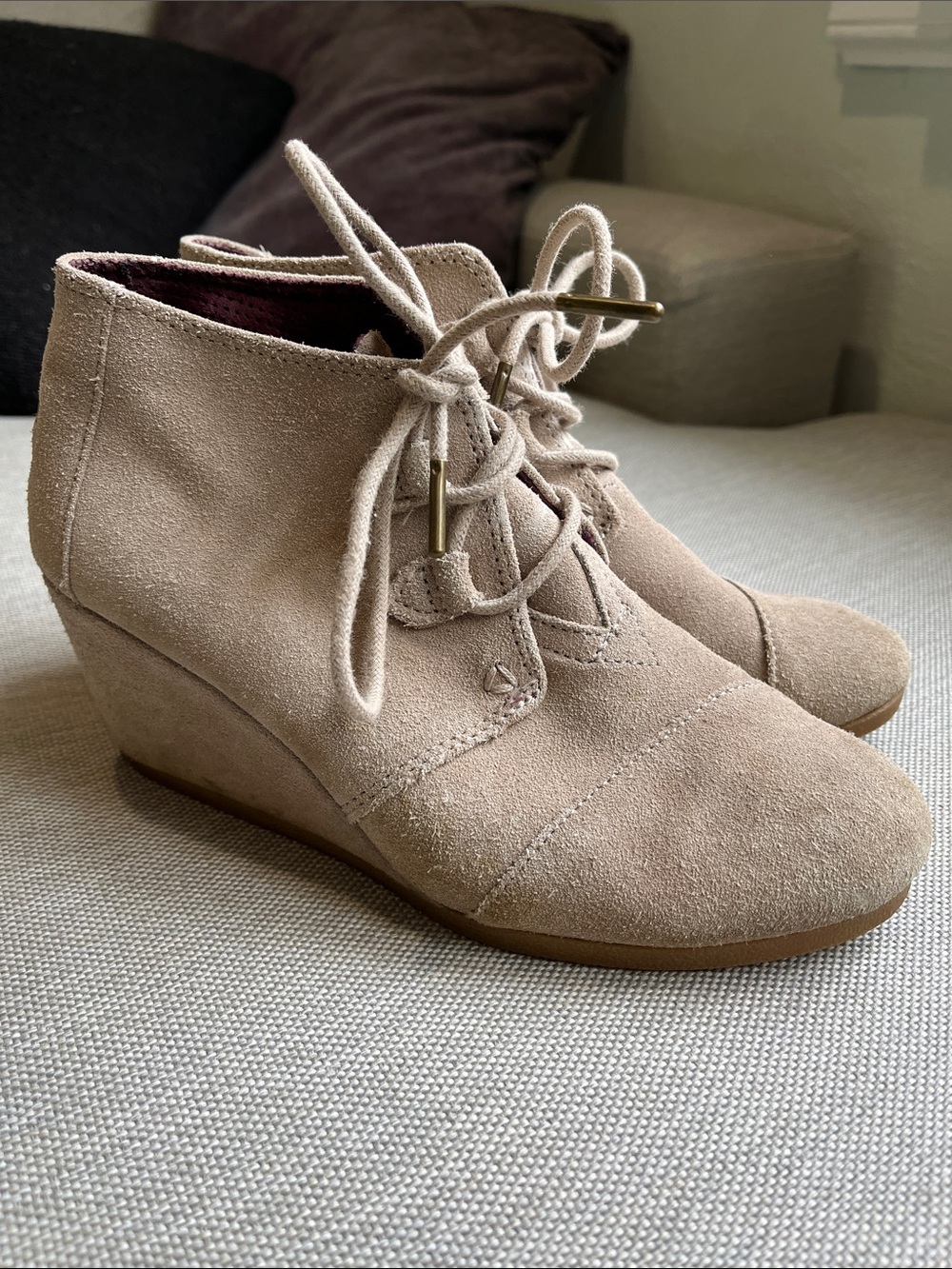 TOMS Suede Lace-Up Wedge Ankle Boots - Beige/Tan